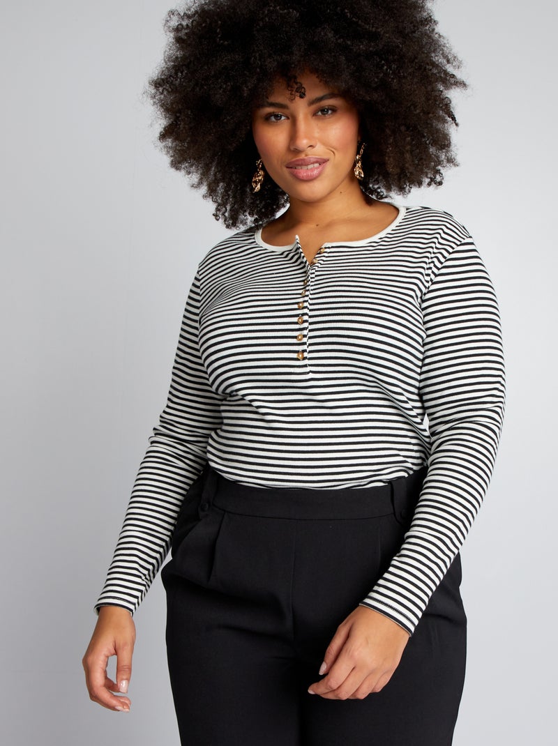 T-shirt às riscas com gola com botões BRANCO - Kiabi