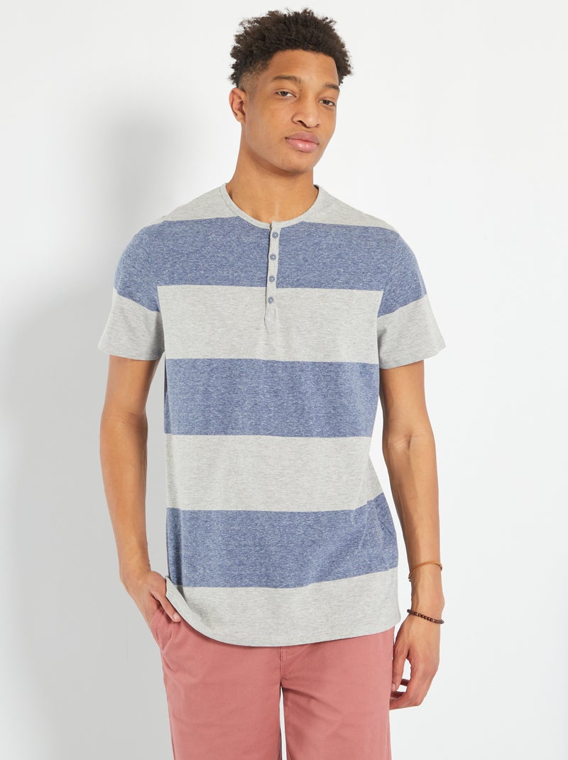 T-shirt às riscas com gola com botões CINZA - Kiabi
