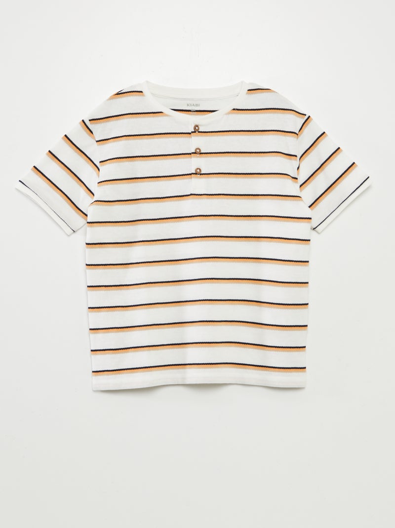 T-shirt às riscas com gola tunisina LARANJA - Kiabi