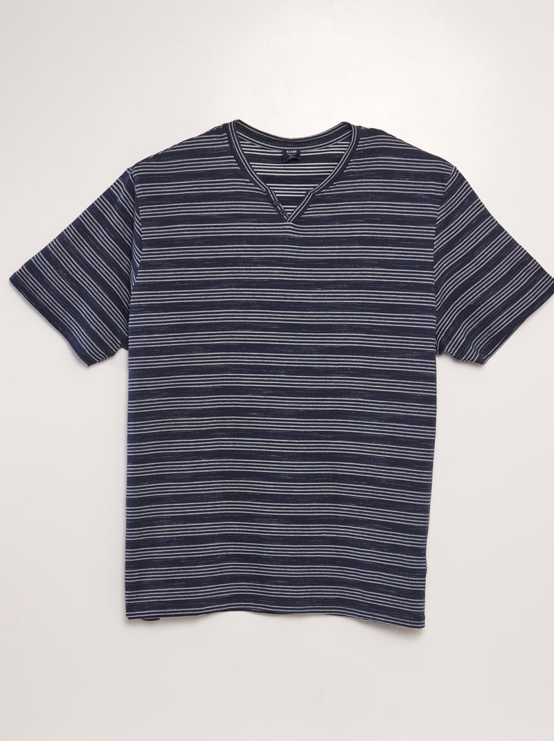 T-shirt às riscas com gola tunisina PRETO - Kiabi