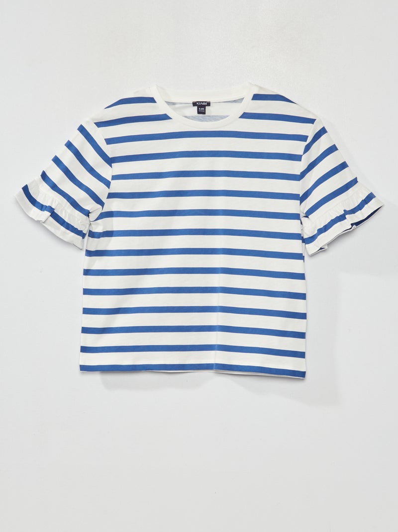 T-shirt às riscas com mangas com folhos AZUL - Kiabi