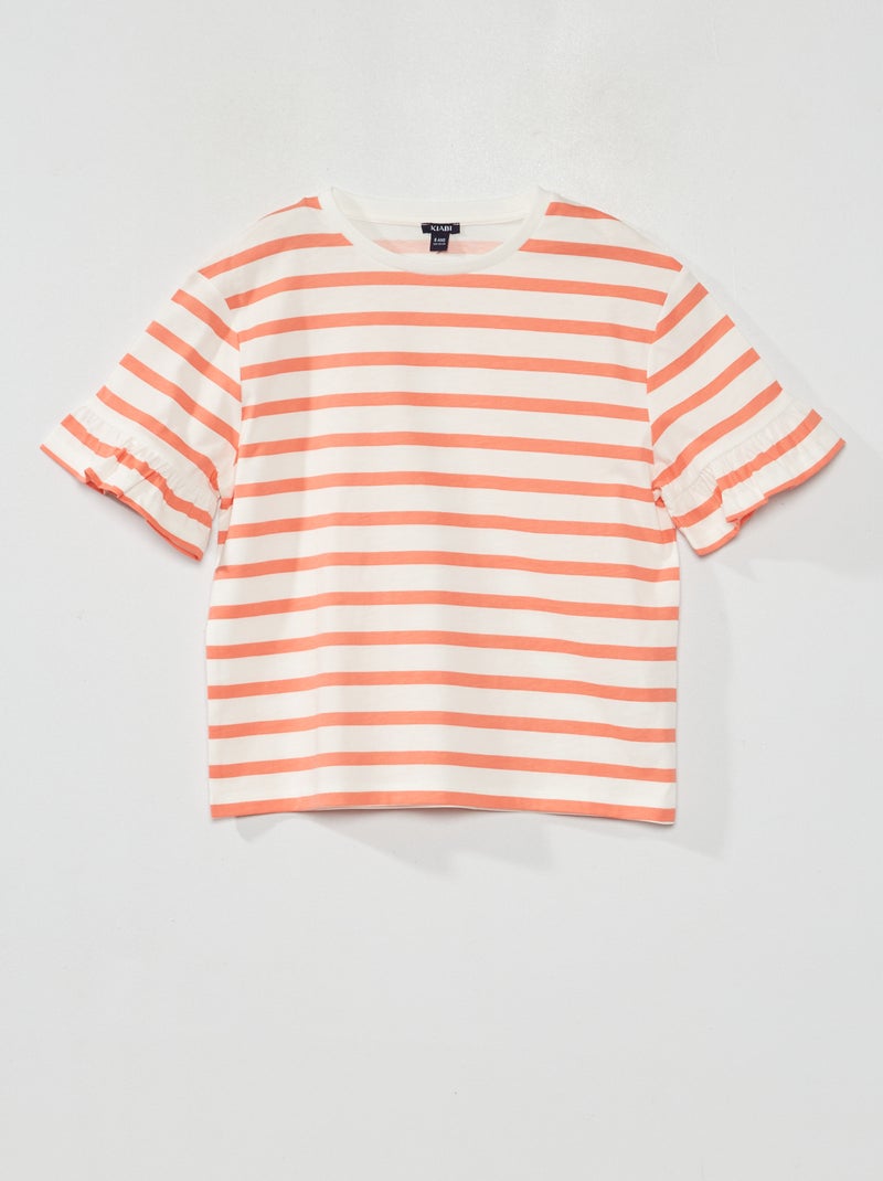 T-shirt às riscas com mangas com folhos ROSA - Kiabi