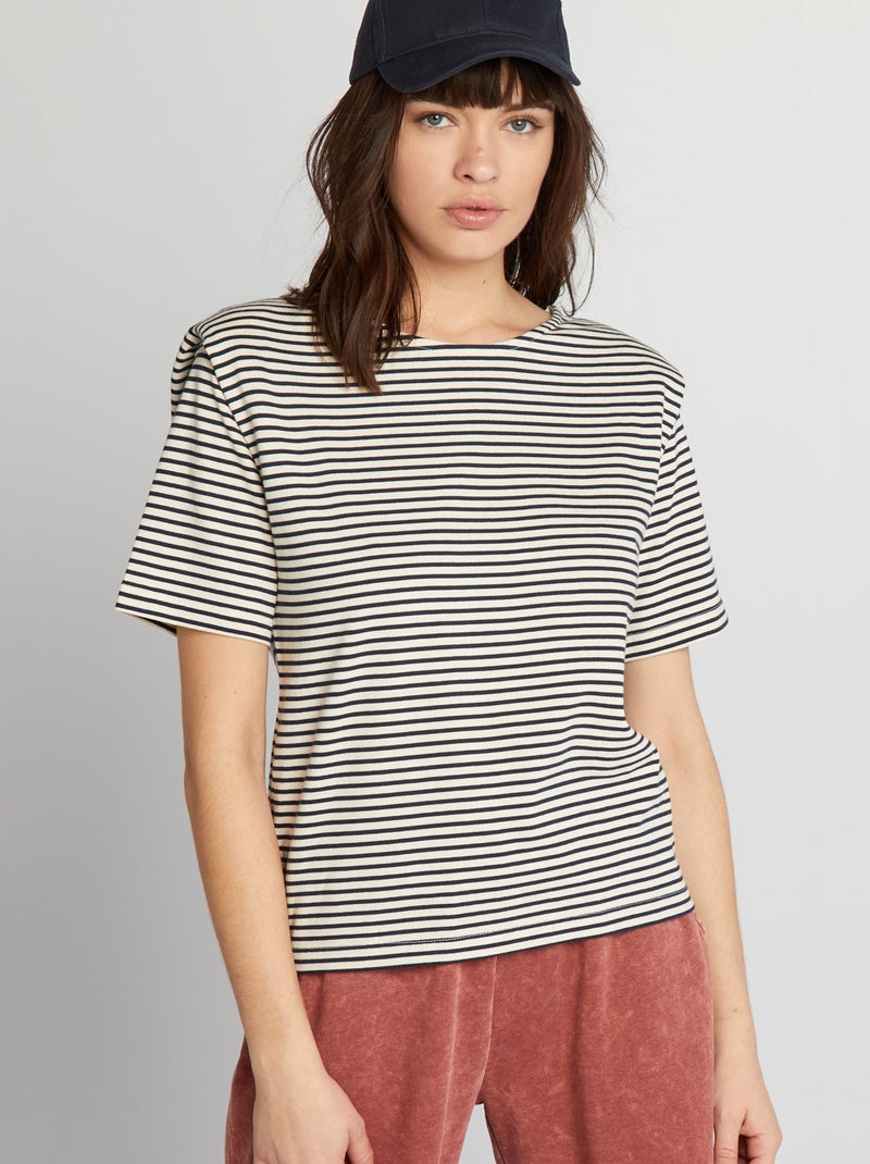 T-shirt às riscas com ombreiras BEGE - Kiabi