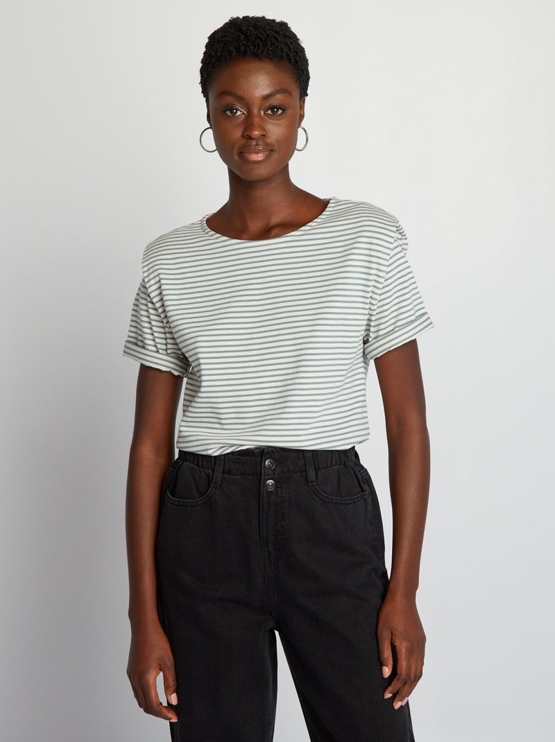 T-shirt às riscas com ombreiras BEGE - Kiabi