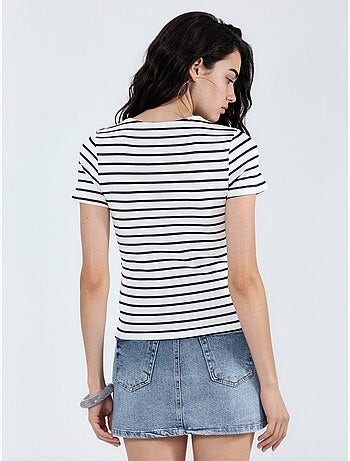 T-shirt às riscas de algodão com gola redonda busem