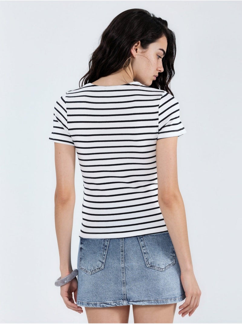 T-shirt às riscas de algodão com gola redonda busem Multicolorido - Kiabi