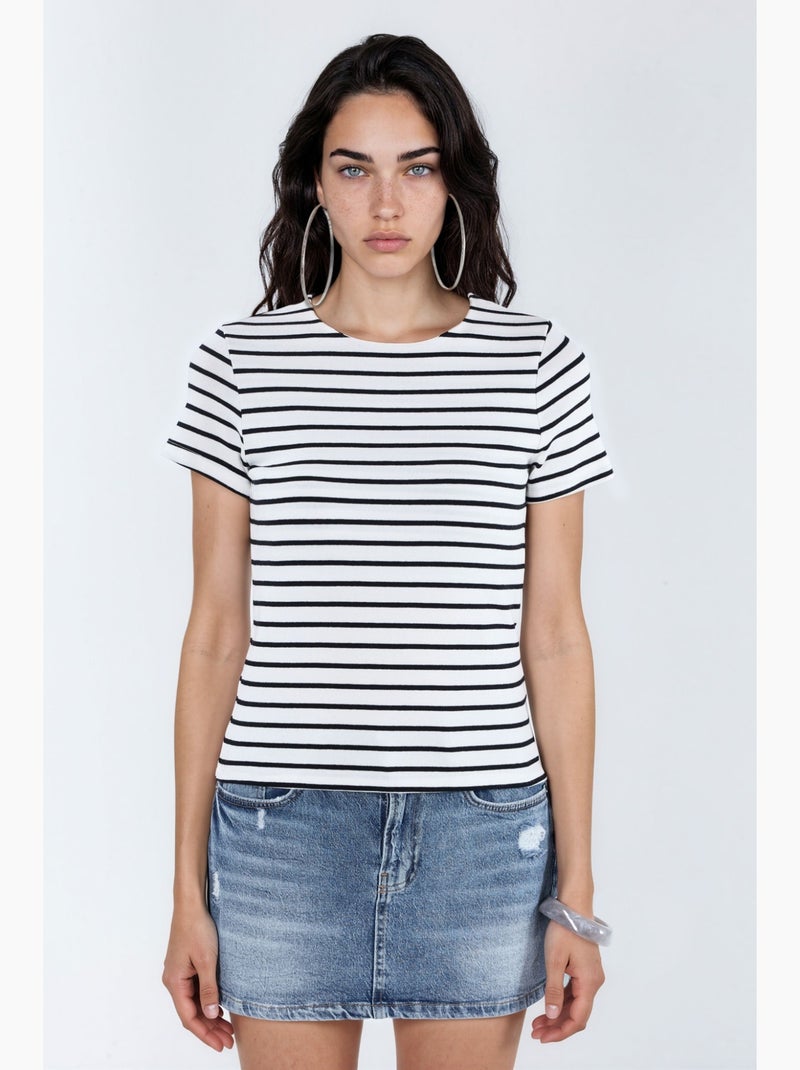 T-shirt às riscas de algodão com gola redonda busem Multicolorido - Kiabi