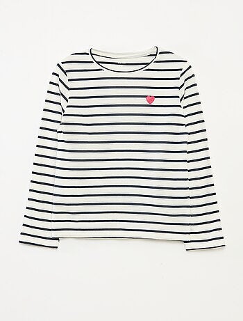 T-shirt às riscas de manga comprida e gola redonda