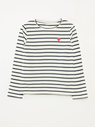 T-shirt às riscas de manga comprida e gola redonda