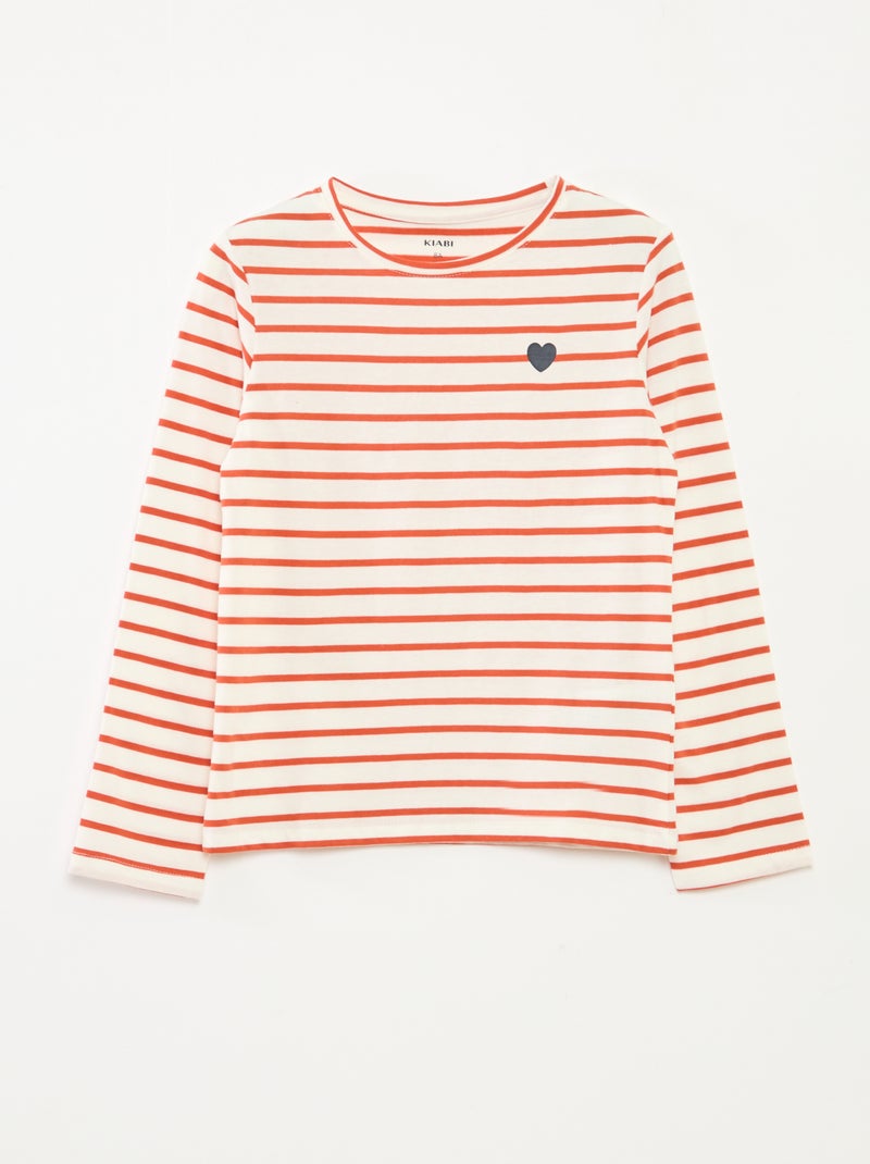 T-shirt às riscas de manga comprida e gola redonda Laranja - Kiabi