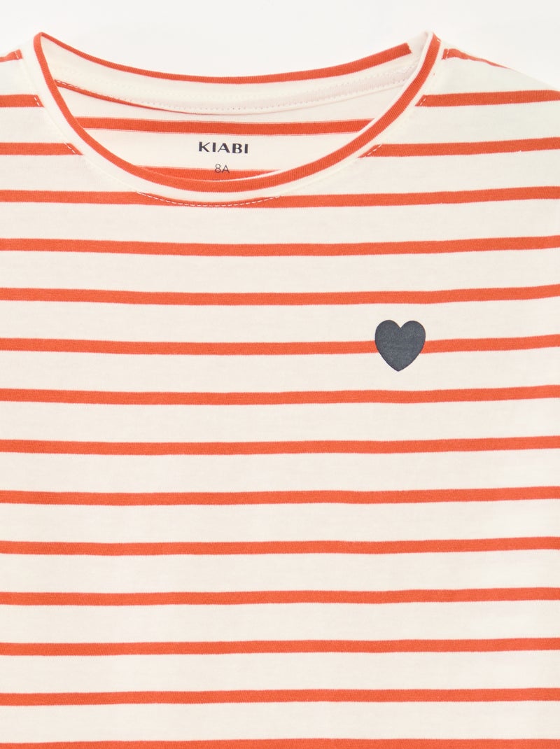 T-shirt às riscas de manga comprida e gola redonda Laranja - Kiabi