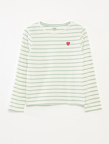 T-shirt às riscas de manga comprida e gola redonda