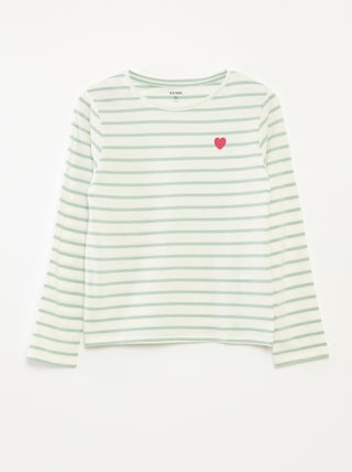 T-shirt às riscas de manga comprida e gola redonda