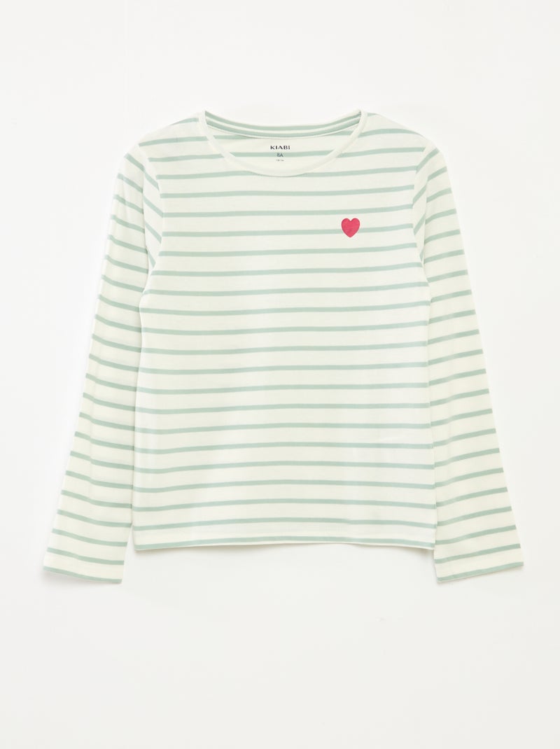 T-shirt às riscas de manga comprida e gola redonda Verde - Kiabi