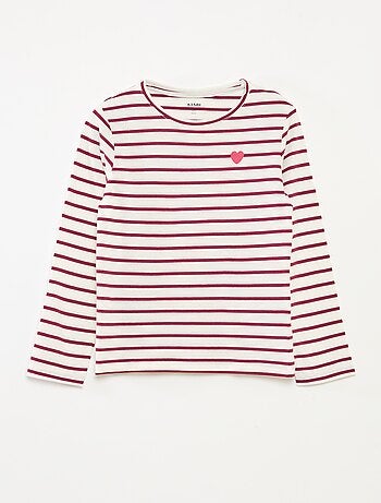 T-shirt às riscas de manga comprida e gola redonda