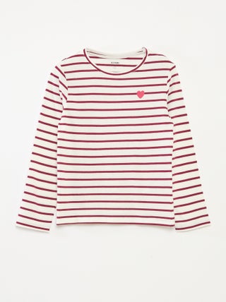 T-shirt às riscas de manga comprida e gola redonda