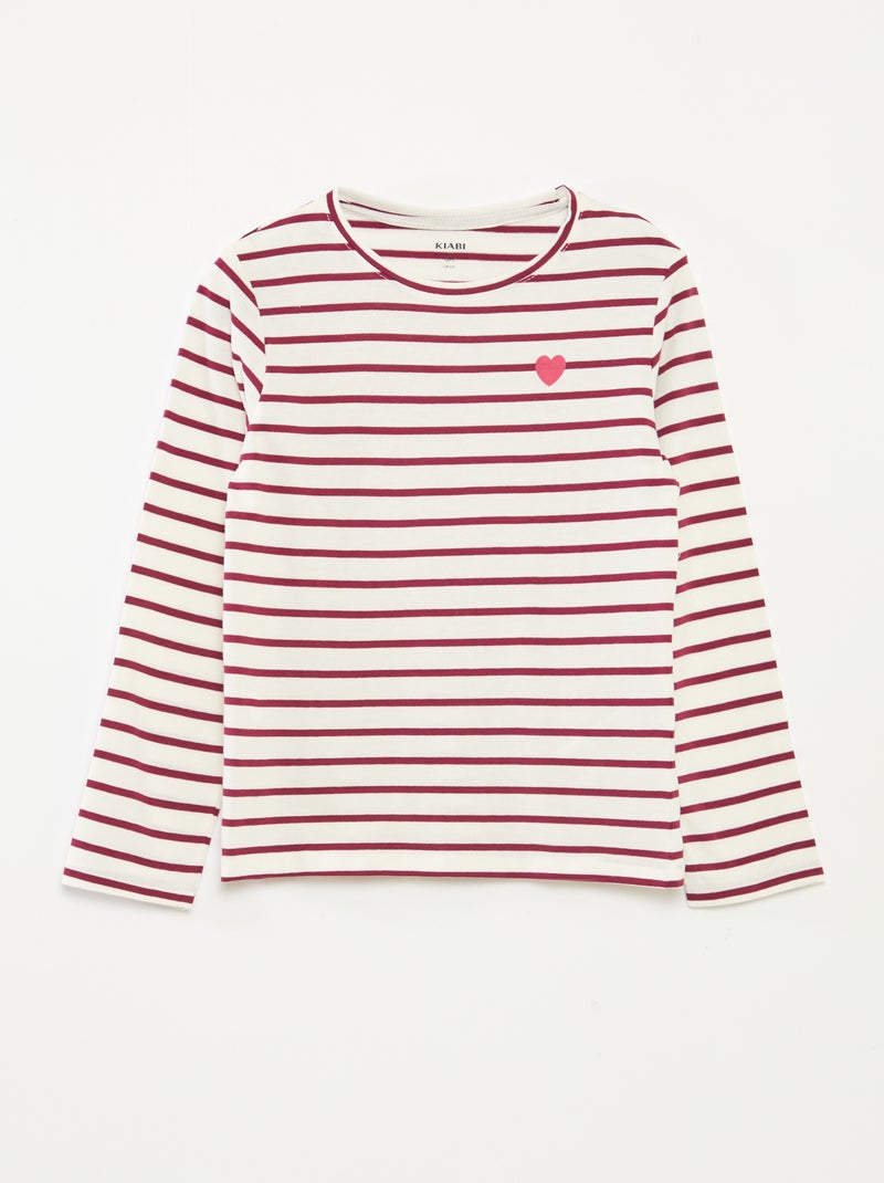 T-shirt às riscas de manga comprida e gola redonda Vermelho - Kiabi