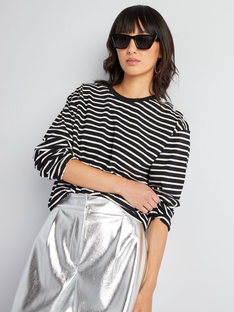 Top de manga comprida oversize às riscas White/Black