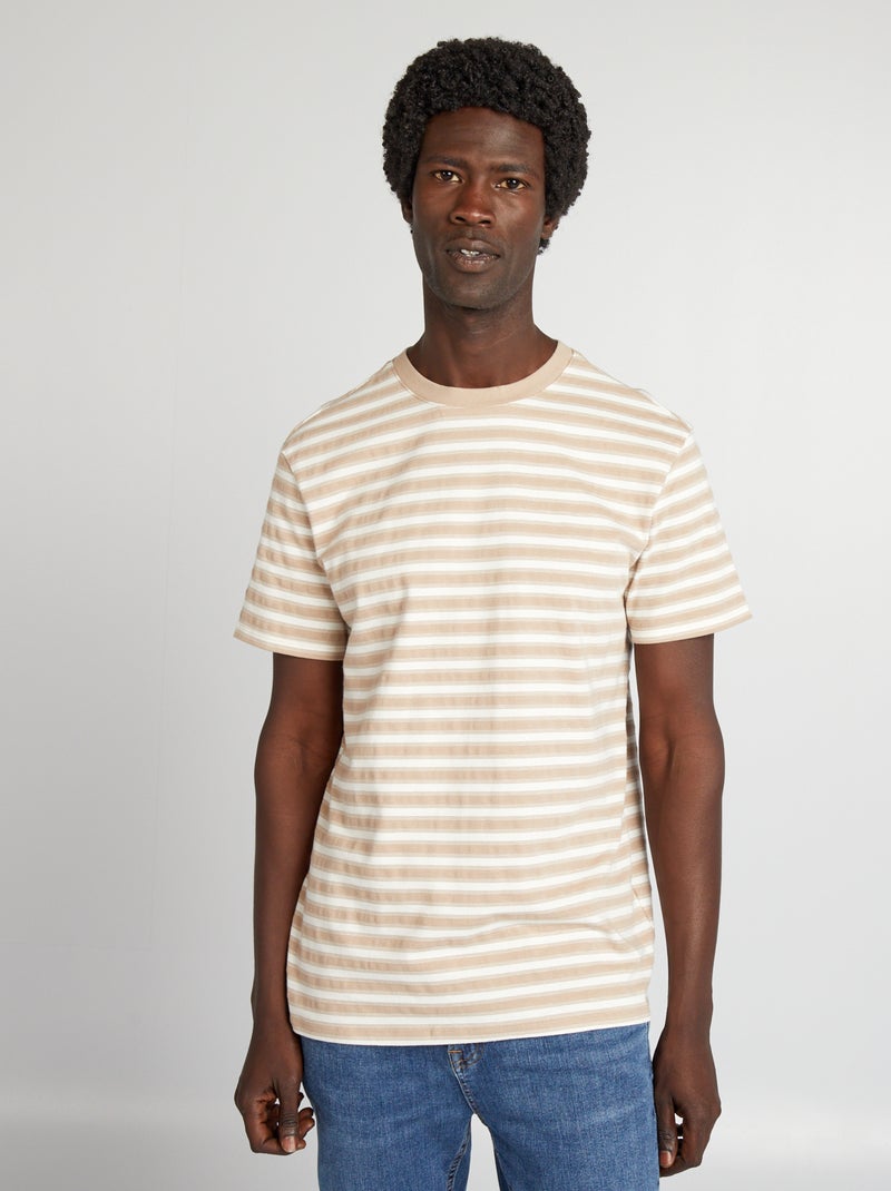 T-shirt às riscas de manga curta bege - Kiabi