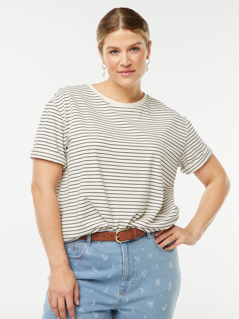T-shirt às riscas de manga curta BEGE - Kiabi