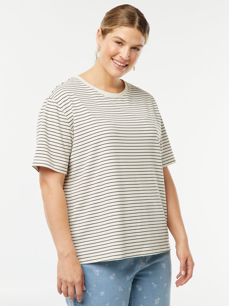 T-shirt às riscas de manga curta BEGE - Kiabi