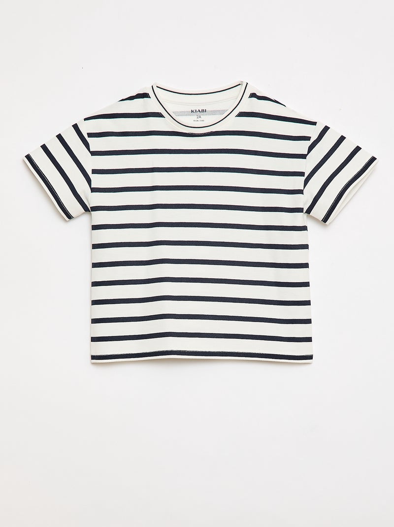 T-shirt às riscas de manga curta em algodão Branco - Kiabi