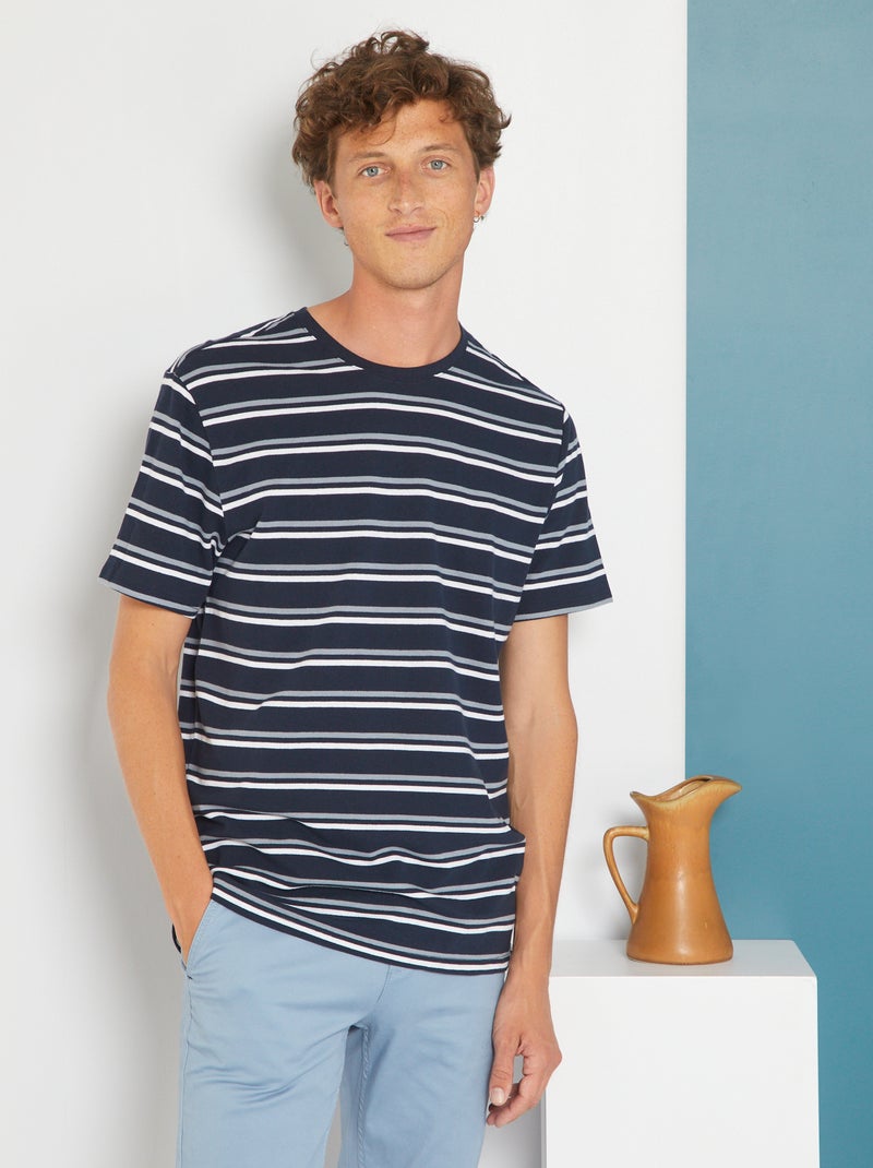 T-shirt às riscas em piqué AZUL - Kiabi