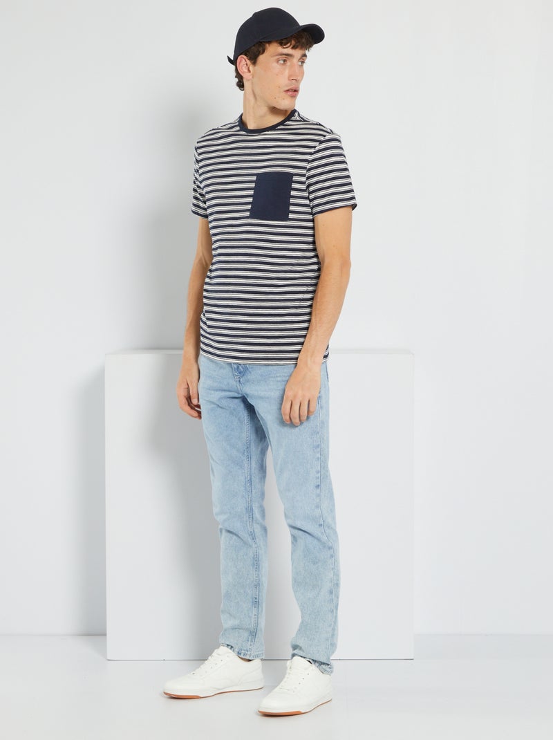 T-shirt às riscas em piqué de algodão AZUL - Kiabi