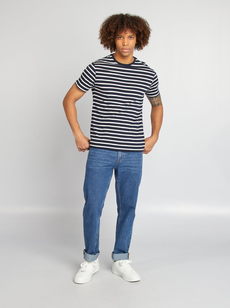 T-shirt às riscas, manga curta, gola redonda AZUL - Kiabi