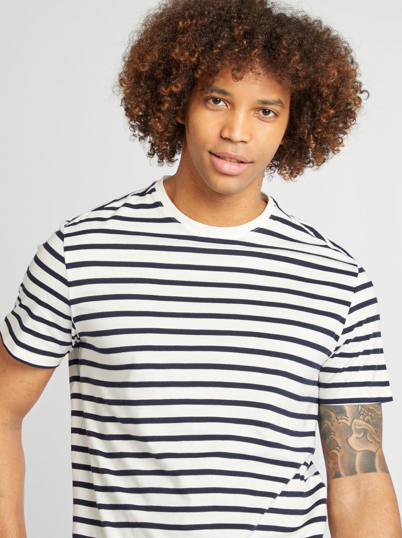 T-shirt às riscas, manga curta, gola redonda BRANCO - Kiabi