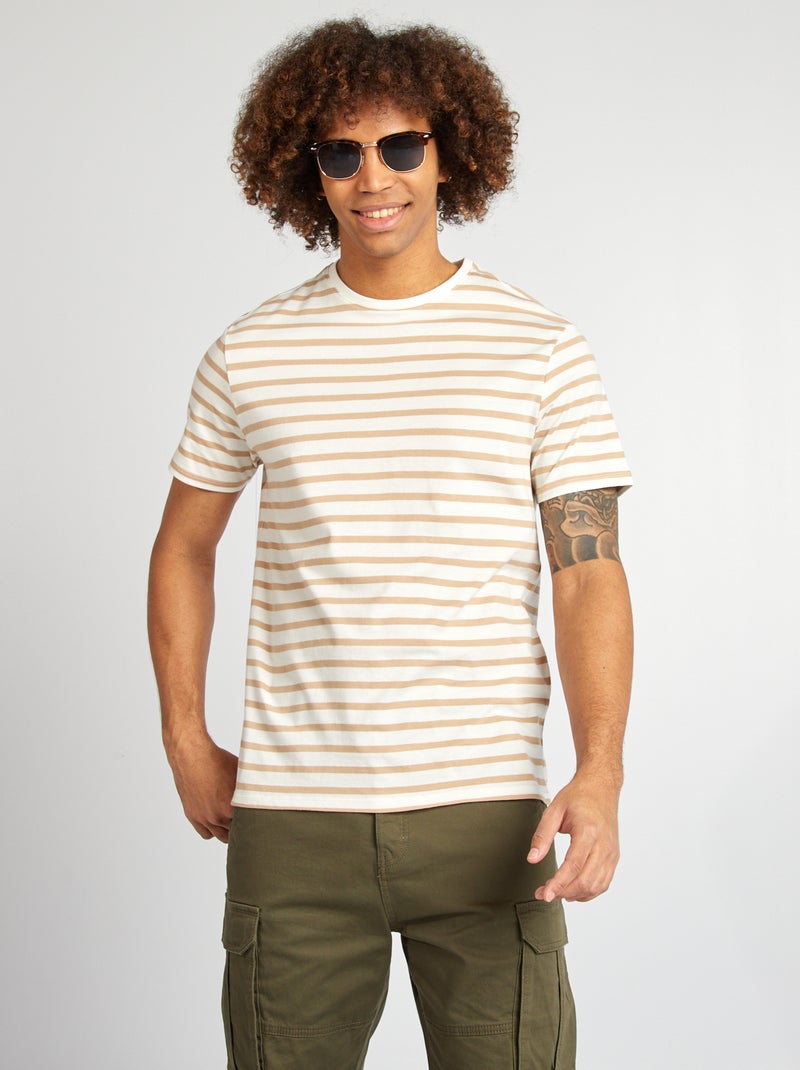 T-shirt às riscas, manga curta, gola redonda BRANCO - Kiabi