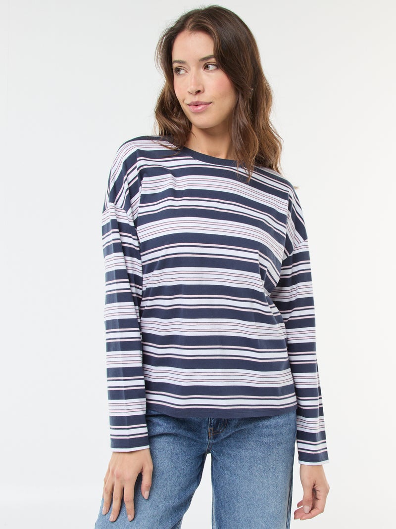 T-shirt às riscas tricolor em algodão Azul - Kiabi