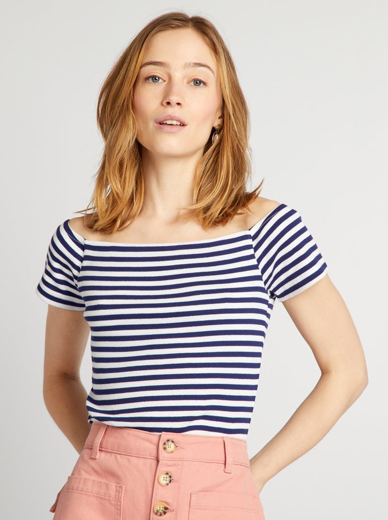 T-shirt bardot em malha nervurada AZUL - Kiabi