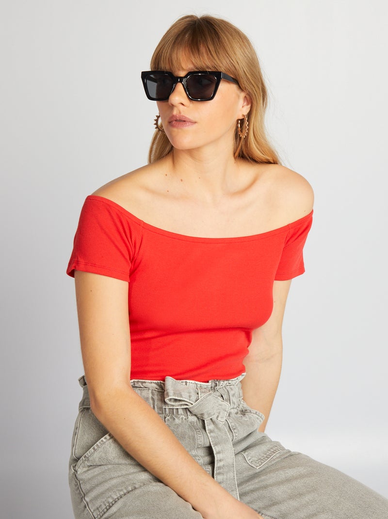 T-shirt bardot em malha nervurada VERMELHO - Kiabi