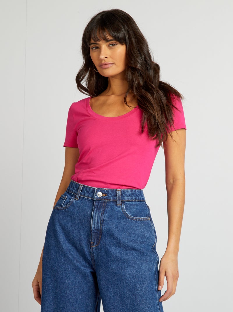 T-shirt básica com decote largo ROSA - Kiabi