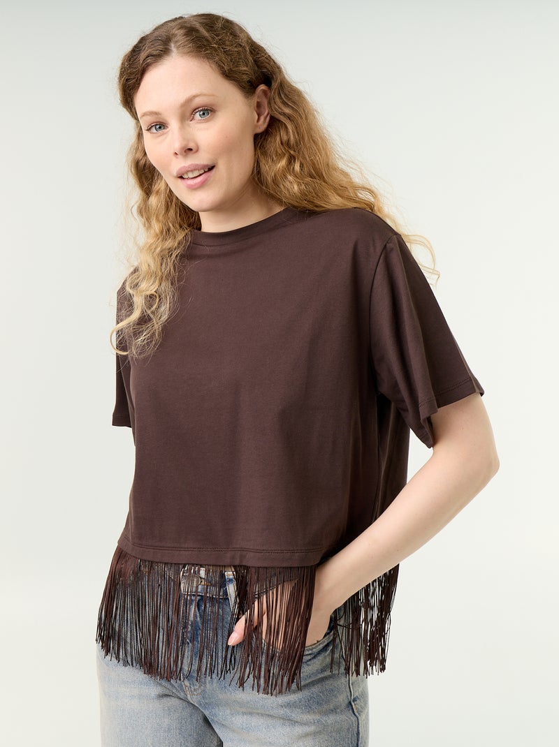 T-shirt básica com franjas Castanho - Kiabi