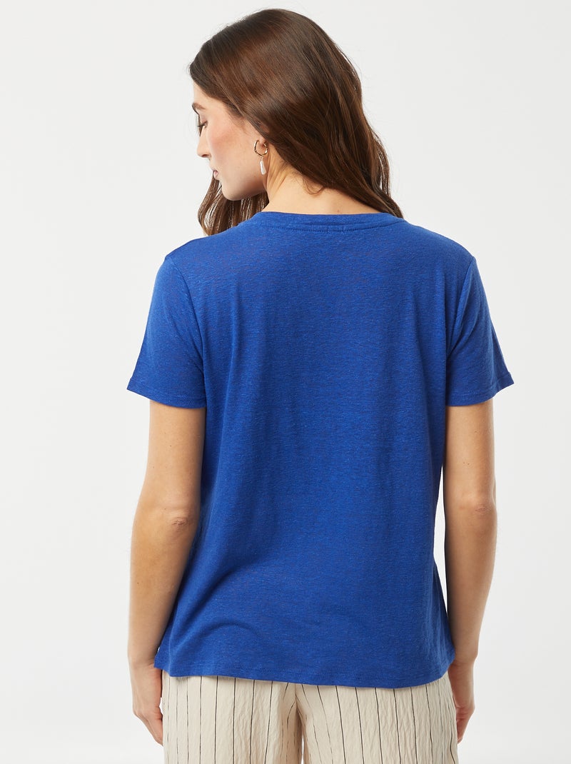 T-shirt básica com gola em bico de linho misturado AZUL - Kiabi