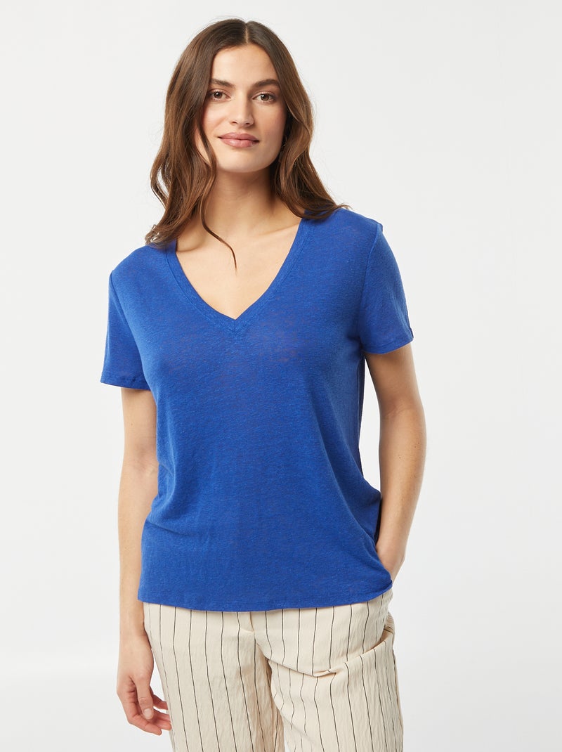T-shirt básica com gola em bico de linho misturado AZUL - Kiabi