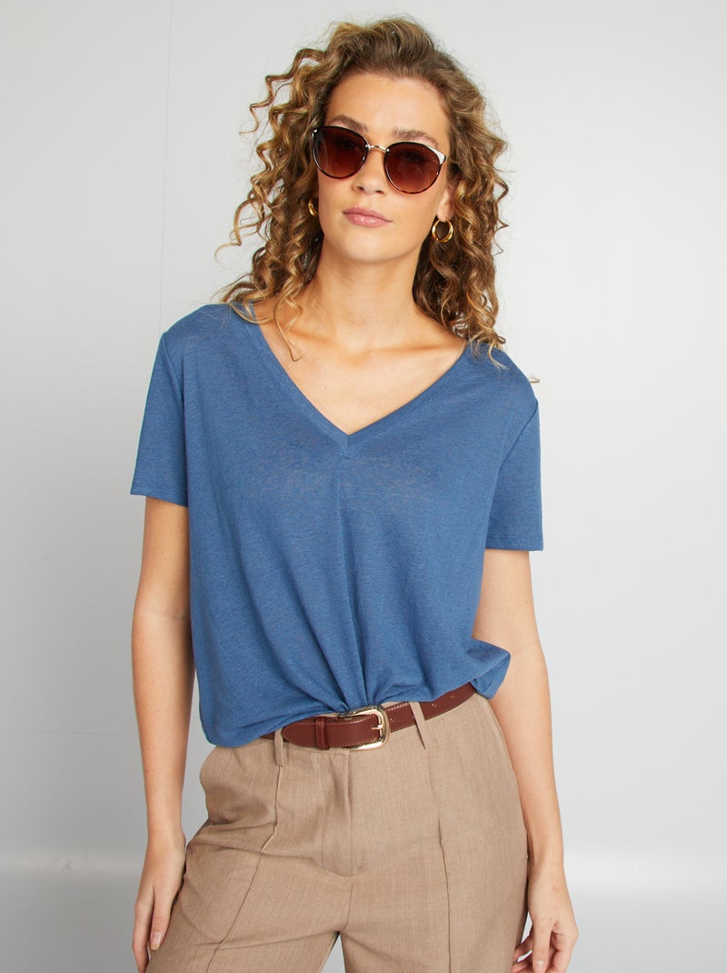 T-shirt básica com gola em bico de linho misturado AZUL - Kiabi