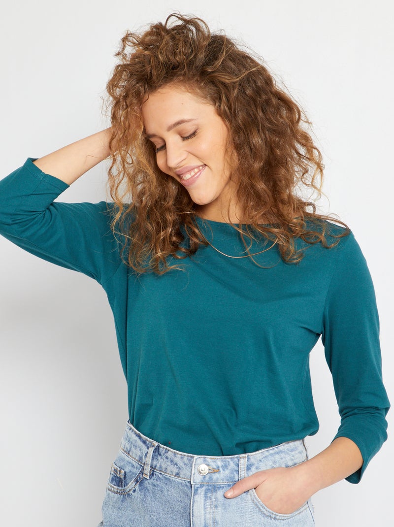 T-shirt básica com gola em forma de barco Verde Profundo - Kiabi