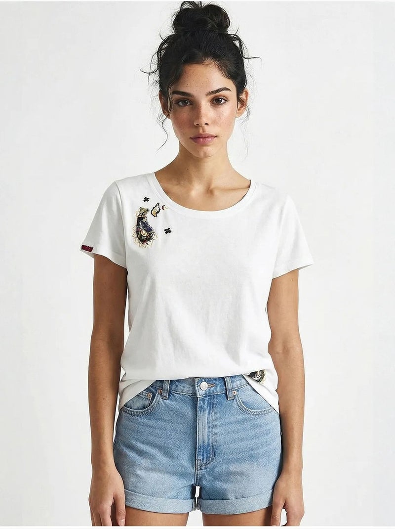 T-shirt básica com gola em u bordada lucci Branco - Kiabi