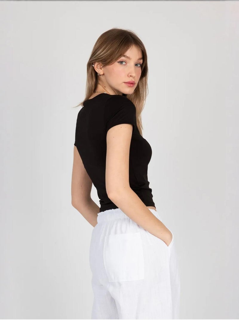T-shirt básica com gola redonda Preto - Kiabi
