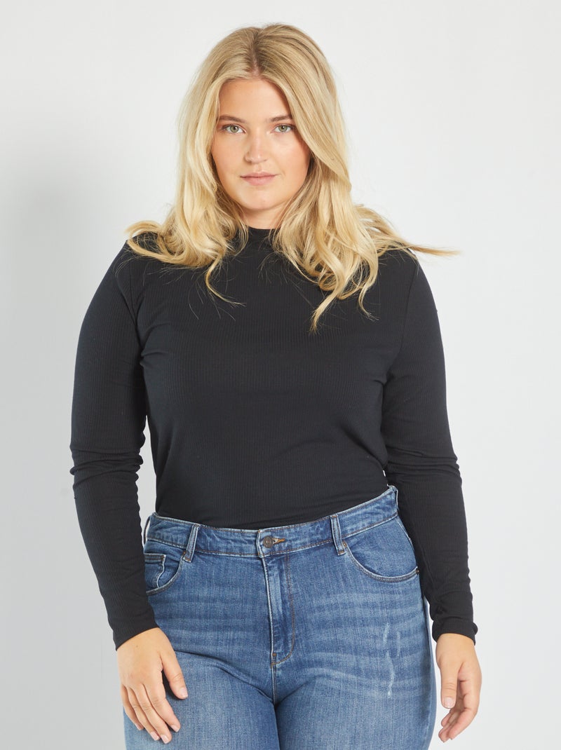 T-shirt básica com gola subida Preto - Kiabi