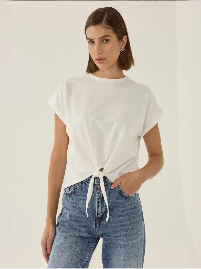 T-shirt básica cropped com decote redondo hiccup Branco - Kiabi