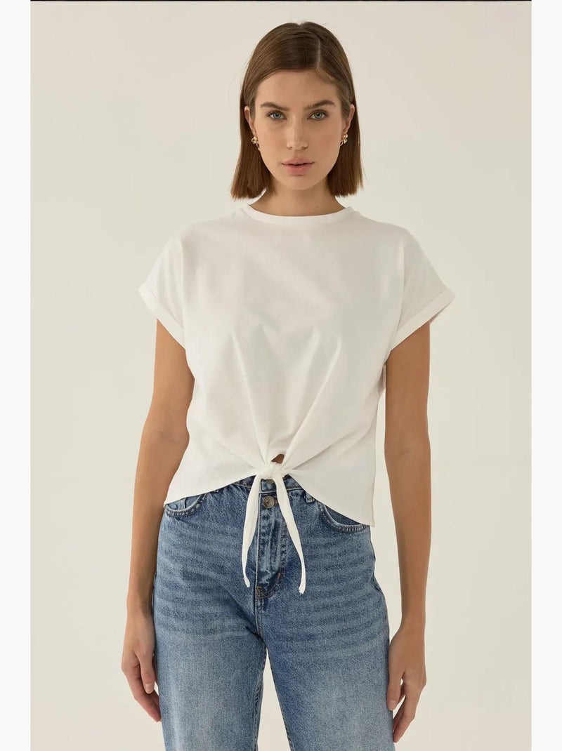 T-shirt básica cropped com decote redondo hiccup Branco - Kiabi