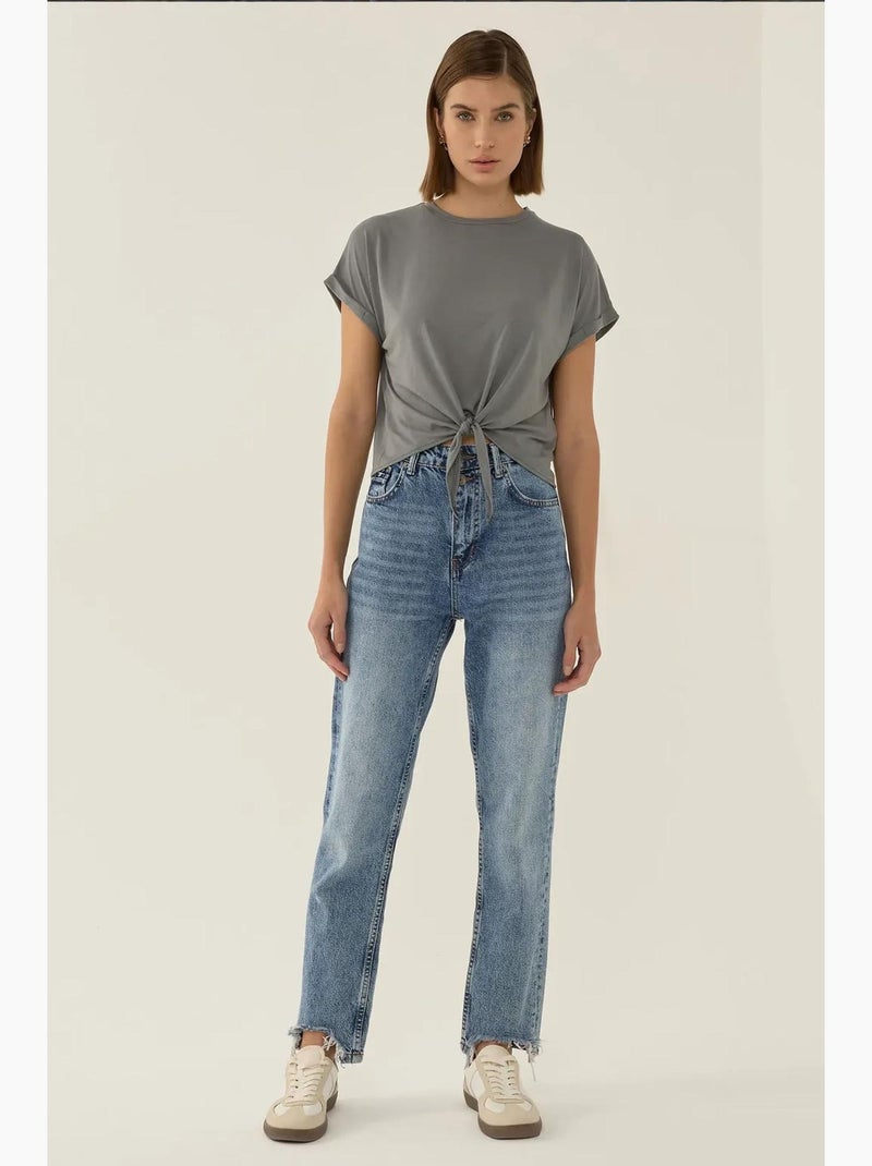T-shirt básica cropped com decote redondo hiccup Cinza - Kiabi