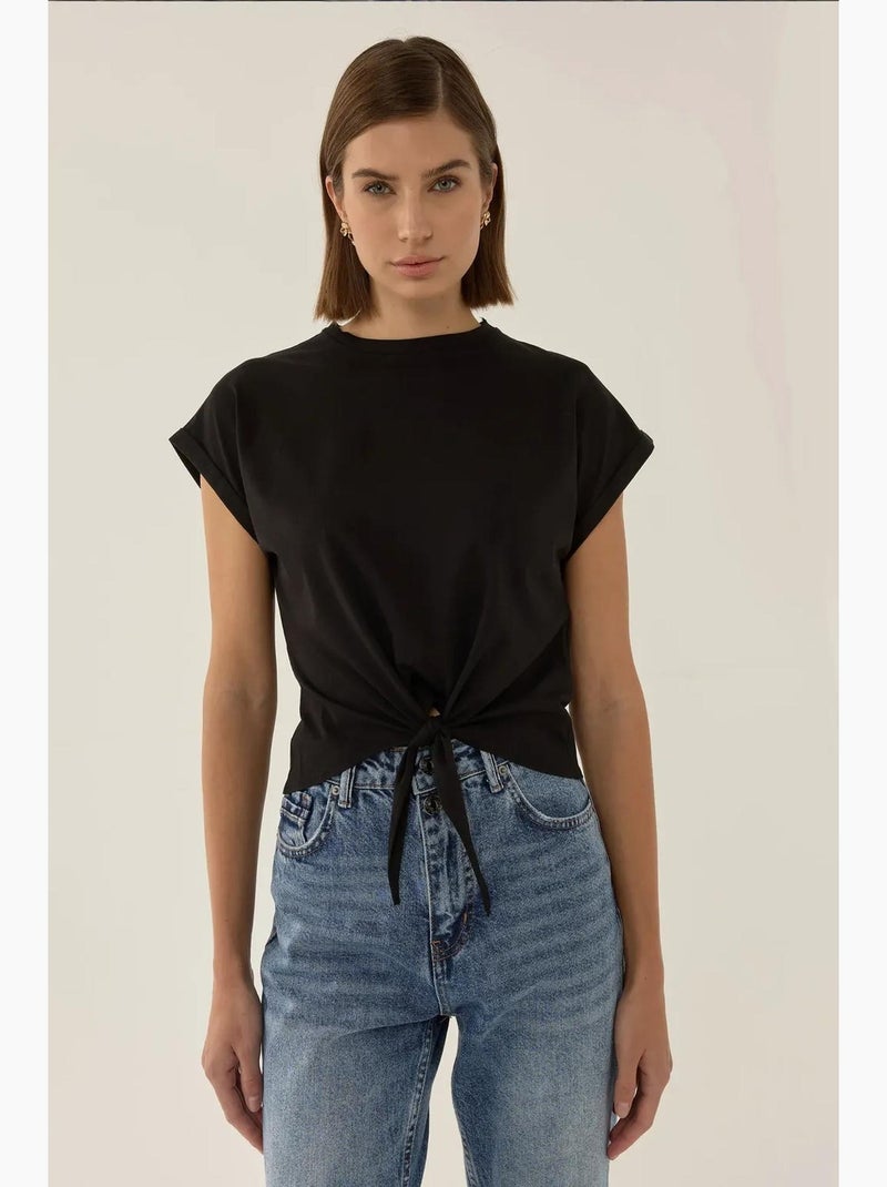 T-shirt básica cropped com decote redondo hiccup Preto - Kiabi