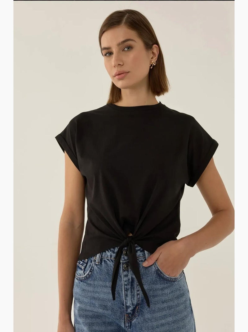 T-shirt básica cropped com decote redondo hiccup Preto - Kiabi