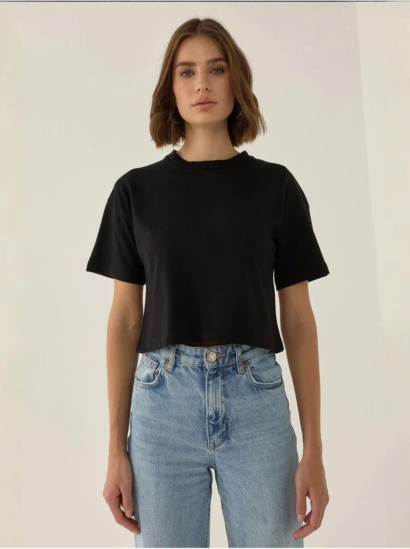 T-shirt básica curta com gola redonda hiccup Preto - Kiabi