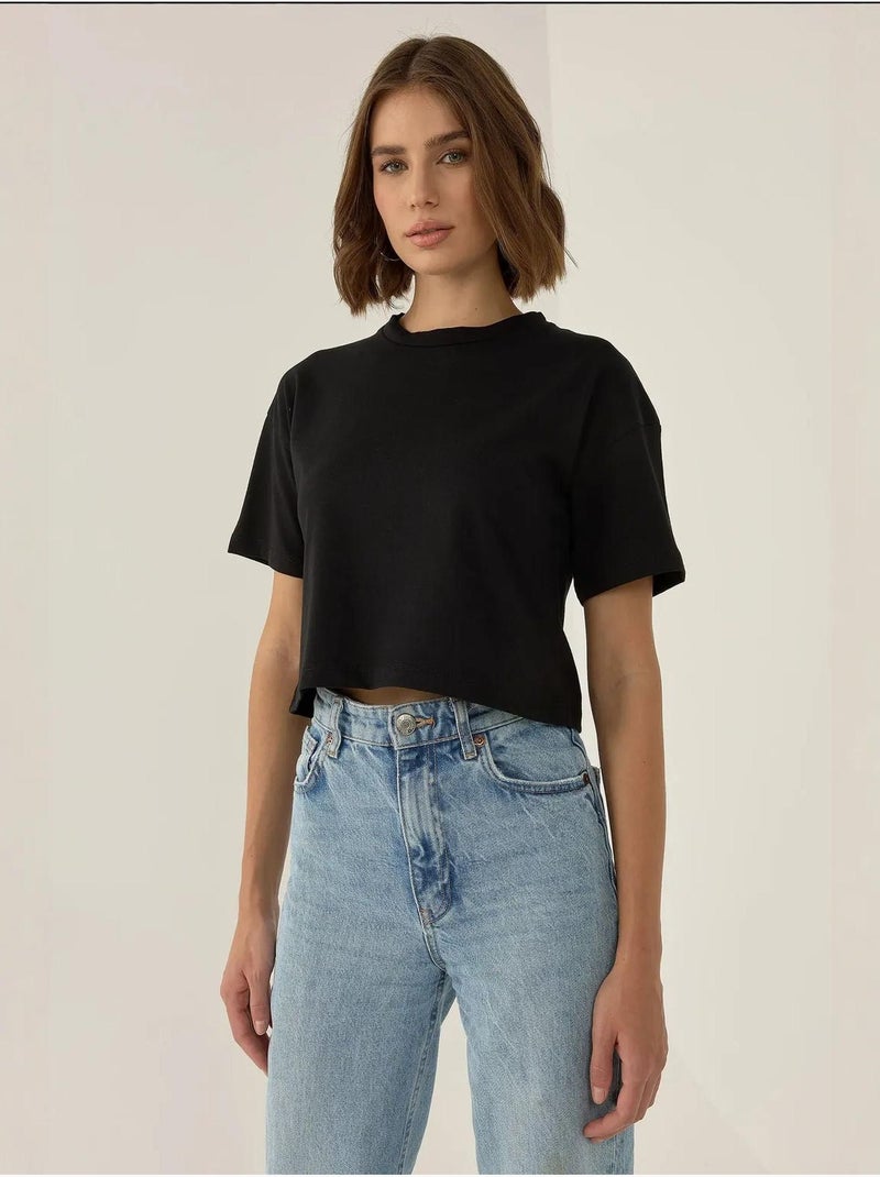 T-shirt básica curta com gola redonda hiccup Preto - Kiabi